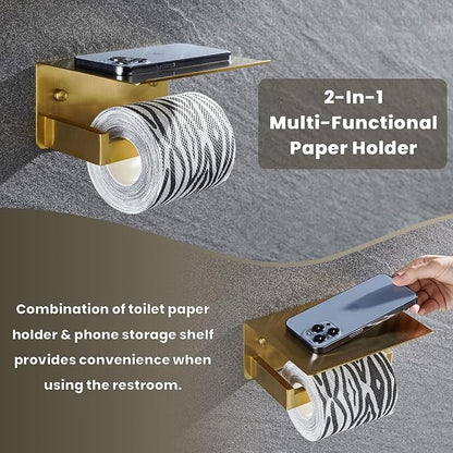 Toilet Paper Holder with Shelf, Suyar 304 Stainless Steel Wall Mount Toilet Paper Roll Holder with Phone Shelf, Brushed Gold