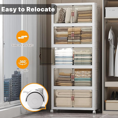 Extra Large Stackable Storage Bins with Lids & Wheels & Door, 560QT-112QT/28GAL*5Pack Foldable Collapsible Closet Organizers, Plastic containers drawers for bedroom Dorm