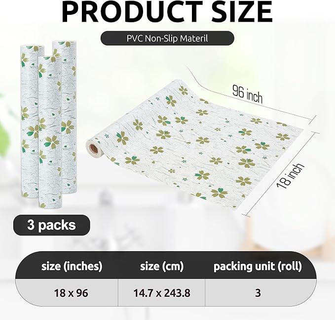 RAY STAR 18X96 Inch Shelf Liner for Kitchen Cabinets, Non-Adhesive Cabinet Liner Washable, PVC Drawer Liner for Dresser Non-Slip Bathroom (Green-Floral)(3 Roll)