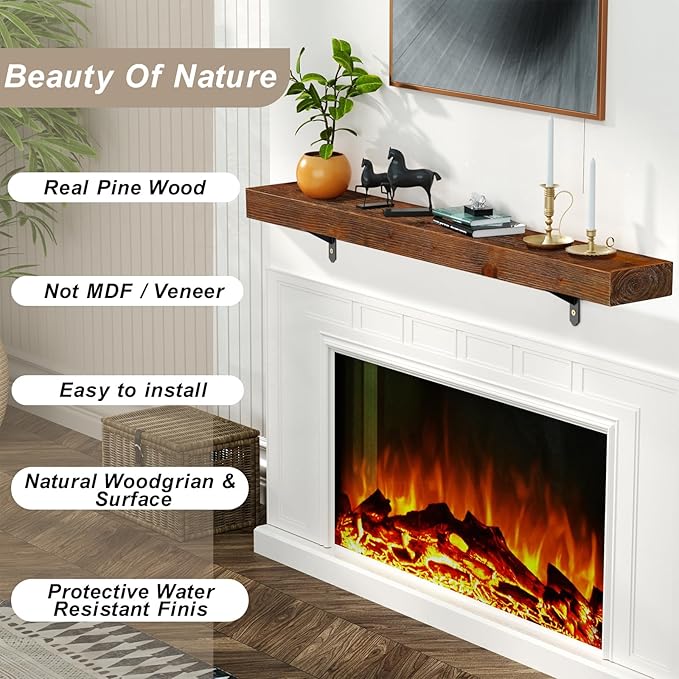ROOMTEC Fireplace Mantel with L-Shaped Brackets,72" Wood Fireplace Shelves,Wall Mounted Shelving,Handcrafted Brack, 72" x 8" x 3", Wood Brown