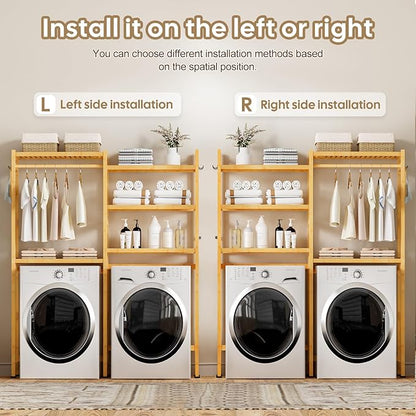 Over The Washer and Dryer Storage Shelf Bamboo,5 Tiers Laundry Room Drying Rack with Adjustable Shelves and 4 Hooks,Space Saver Organizer for Hanging Clothes and Towels (Natural)