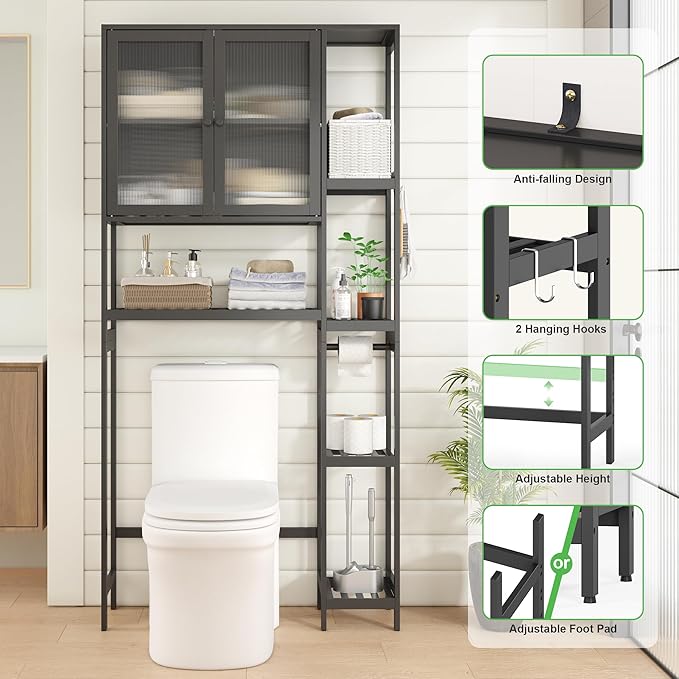 Wisuce Essentials Over The Toilet Storage Cabinet Above Toilet Bathroom Organizer with Toilet Paper Holder Stand Bath Organizer with Adjustable Shelves & Acrylic Doors,Anti-Tip Device (Black)
