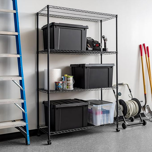 IRIS USA, Inc. 4-Tier Adjustable Heavy Duty Steel Storage Rack with Removable Locking Casters (Up to 1200 lbs Loading Capacity), Wire Organization Unit with Metal Shelves, Black (48"L x 18"W x 73.5"H)