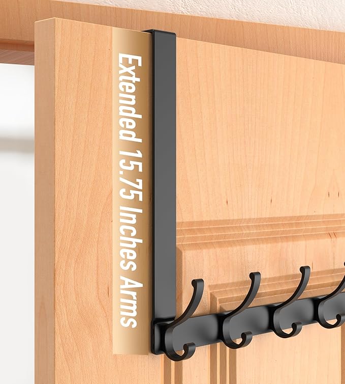 CHAUNCEY HOME Long Over The Door Hooks Hanger with 15.75" Arms for Easier Access by Shorter, Heavy Duty Door Hanger for Coat, F16U, Fits Standard 1 3/4'' Doors, Towel Racks for Bathroom, Black