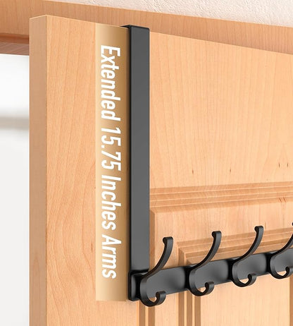 CHAUNCEY HOME Long Over The Door Hooks Hanger with 15.75" Arms for Easier Access by Shorter, Heavy Duty Door Hanger for Coat, F16U, Fits Standard 1 3/4'' Doors, Towel Racks for Bathroom, Black