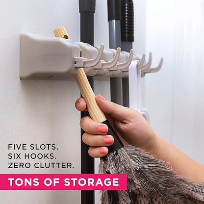 Broom Holder Wall Mount and Garden Tool Organizer, Closet Storage, Kitchen Rack, Home Organization and Garage Organizer for Rake or Mop Handles Up to 1.25-Inches, Hanger Plus 6 Hooks (BEIGE, 1 PACK)