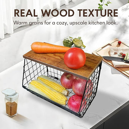 2-Pack Hanging Fruit Basket for Kitchen, Wall Mounted Metal Wire Storage Bins w/Wood Lid, Banana Hook, Stackable Vegetable Organiser for Countertop Pantry Produce Fruits Onion and Potato