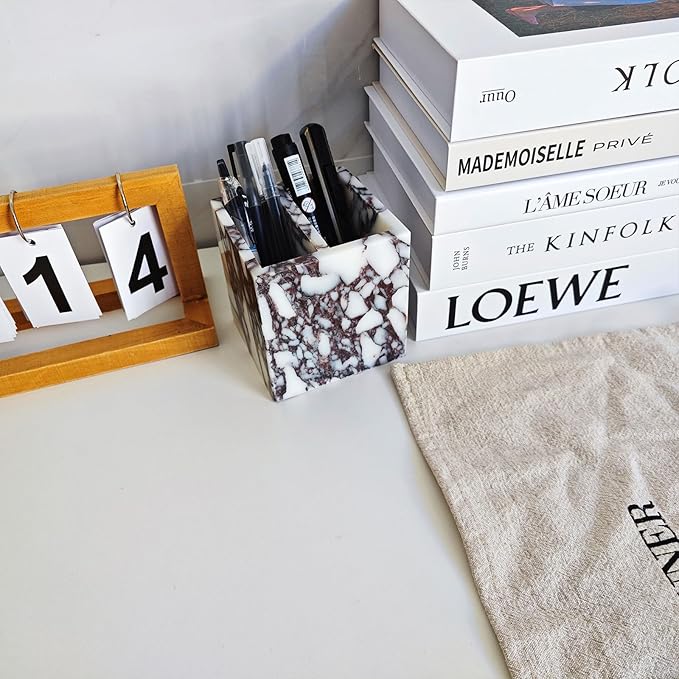 Natural Marble 2-Tier Organizer Box - Multi-Purpose Desktop & Kitchen Storage for Pens, Utensils, Makeup Brushes