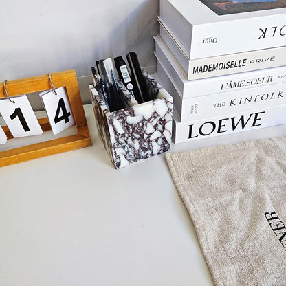 Natural Marble 2-Tier Organizer Box - Multi-Purpose Desktop & Kitchen Storage for Pens, Utensils, Makeup Brushes