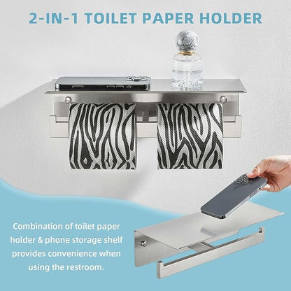 Suyar Double Toilet Paper Holder with Shelf, SUS 304 Stainless Steel Toilet Tissue Roll Holder, Brushed Nickel