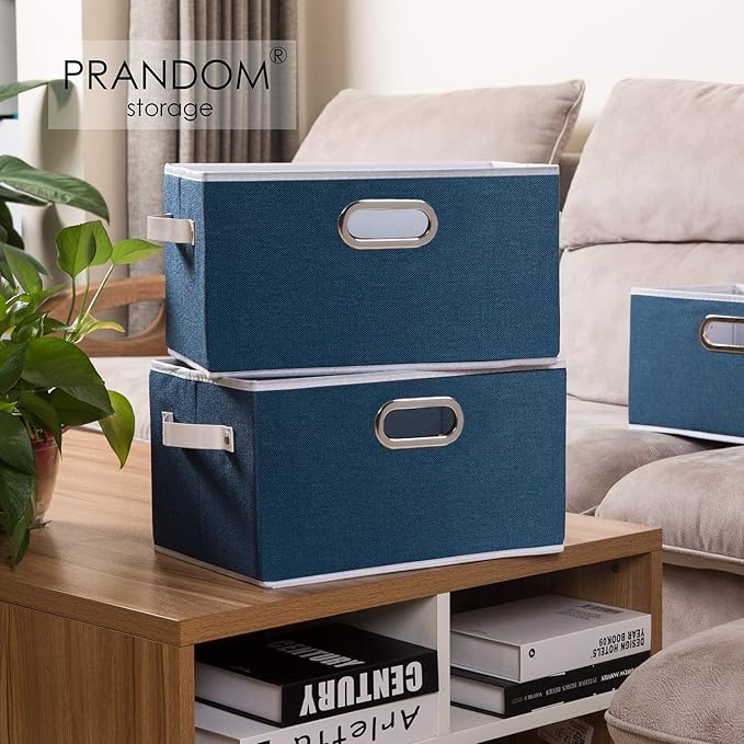 PRANDOM Large Collapsible Storage Baskets for Closet [5-pack] Decorative Fabric Storage Bins Cubes with Leather/Metal Handles for Shelves Bedroom Living Room Royal Blue (14.9x9.8x8.3 Inch)