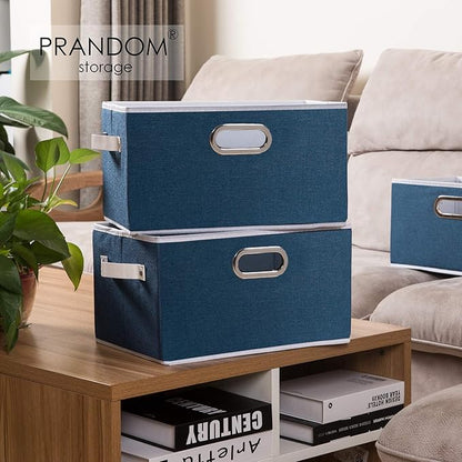 PRANDOM Larger Collapsible Storage Bins for Closet [3-pack] Decorative Linen Fabric Storage Baskets Cubes with Leather/Metal Handles for Living Room Royal Blue (17.3x12.2x10.4 Inch)