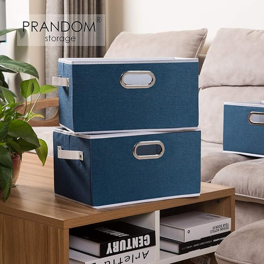 PRANDOM Larger Collapsible Storage Bins for Closet [3-pack] Decorative Linen Fabric Storage Baskets Cubes with Leather/Metal Handles for Living Room Royal Blue (17.3x12.2x10.4 Inch)