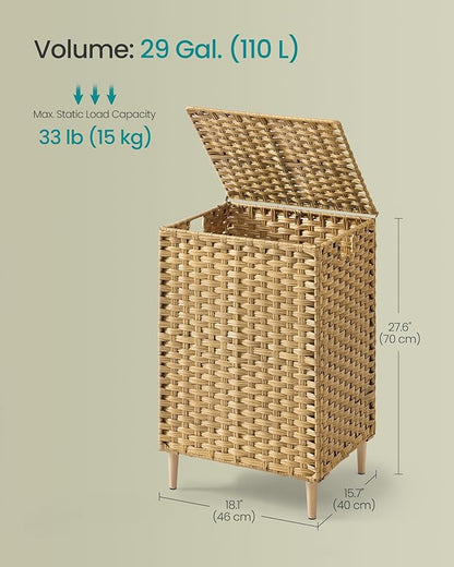 SONGMICS Laundry Hamper with Lid, PE Rattan Laundry Basket with Removable Liner, Storage Basket for Bedroom Living Room, 2-Section Sorter, 29 Gallons (110 L), Goose Yellow ULCB222YE01