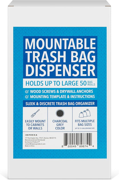 IMPRESA Trash Bag Dispenser Wall Mount - 50-Count Gray Plastic Holder - Under-Sink & Garage Installation - Garbage Bag Storage - Kitchen Organization & Storage