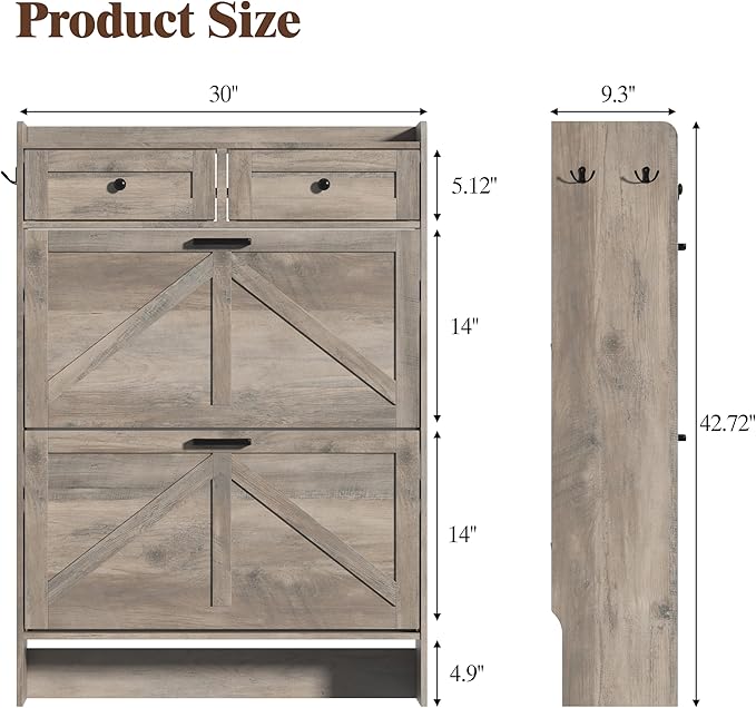 Shoe Cabinet with 2 Flip Drawers & 2 Storage Drawers, Rustic Farmhouse Narrow Shoe Organizer Cabinet, Slim Shoe Rack Cabinet, Shoe Storage Cabinet for Entryway, Hallway, Front Door