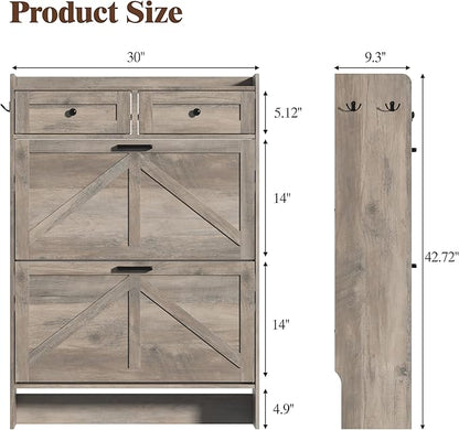 Shoe Cabinet with 2 Flip Drawers & 2 Storage Drawers, Rustic Farmhouse Narrow Shoe Organizer Cabinet, Slim Shoe Rack Cabinet, Shoe Storage Cabinet for Entryway, Hallway, Front Door