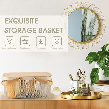 4 Pcs Mesh Steel Basket with Handles and Lids Wire Mesh Basket Garden Baskets for Gathering Vegetables Fruit Harvest Storage Organizer for Kitchen Drying Food(16 Inch,White)
