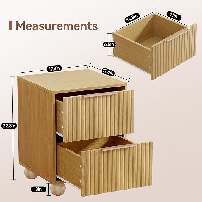 HOCAT Fluted Nightstand Set of 2, Natural Oak Finish Bedside Table with Spacious Storage Drawers, Night Stand with Solid Wood Round Legs for Bedroom, End Table, Side Table
