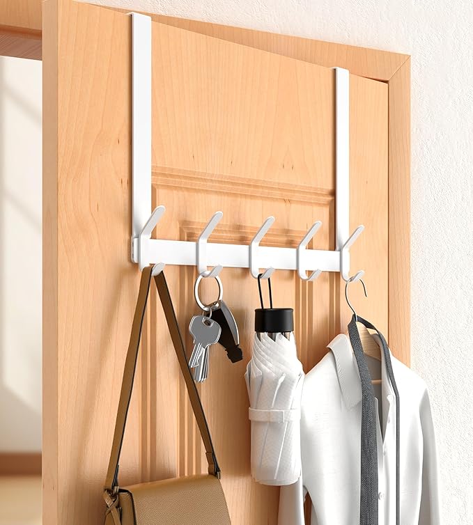CHAUNCEY HOME Long Over The Door Hooks Hanger with 15.75" Arms for for Easier Access by Shorter, J16U, Perfectly Fits US Standard 1 3/8-inch Doors, Towel Rack Bathroom Organizer Holder, White