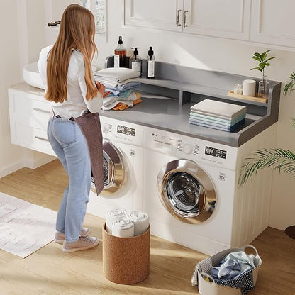 2-Tier Washer Dryer Countertop with 2.75" H Edge Rails, 58" W x 28" D Laundry Countertop for Folding Clothes, Washer and Dryer Topper with Non-Slip Pad (Gray)