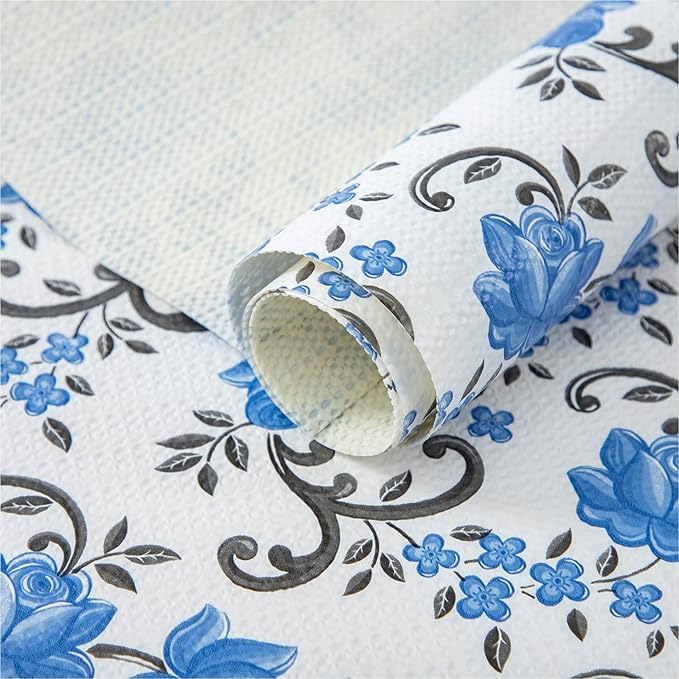 FIFTY FEET 12X120 Inch Shelf Liner for Kitchen Cabinets, PVC Drawer Liner for Dresser Non-Slip Bathroom, Non-Adhesive Cabinet Liner Washable (Blue Floral)(7 Roll)