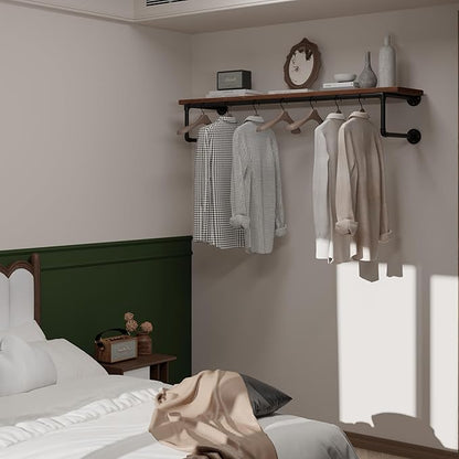 Clothes Rack 48in, Wall Mounted Garment Racks with Real Wood Shelf, Heavy Duty Hanging Clothes Rack, Multi-Purpose Hanging Rod, Space-Saving Closet Storage