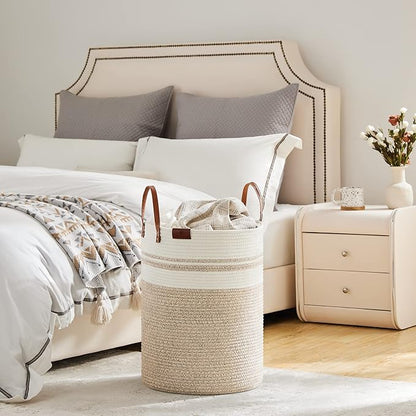 VIPOSCO Tall Laundry Basket, Large Dirty Clothes Hamper with Leather Handle, Woven Rope Storage Basket for Blanket, Toy In Living Room, Bathroom, Bedroom - 58L Brown & White