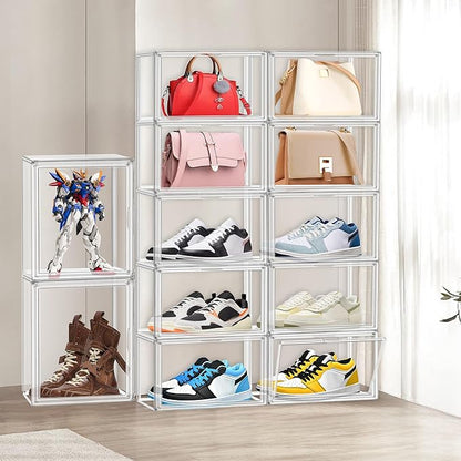 EZJOB 12 Pack Clear Shoes Box Shoe Storage Organizer for Closet Stackable Acrylic Handbag Display Case Shoe Organizer for Entryway