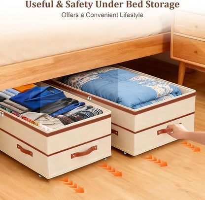 Dolicer 4 Pack Under Bed Storage with Wheels, 6in-10in Height Adjustable Underbed Storage Containers, 92L XXXL Under Bed Drawers Rolling Bin with Clear Lids for Dorm Shoes Clothes Organizers(Beige)
