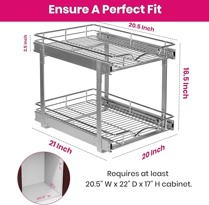 HOLDN’ STORAGE Two Tier Pull Out Cabinet Organizer, Individual Sliding Drawers - Heavy Duty Metal with Lifetime Limited Warranty - Anti Rust Chrome Finish - 20" W x 21”D x 16.5" H