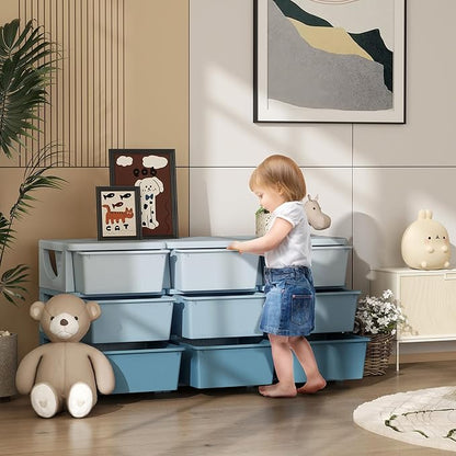 Qaba 3 Tier Kids Storage Unit, Toy Organizers and Storage with 9 Drawer Chest for Kids Bedroom Nursery Kindergarten Living Room for Boys Girls Toddlers, Blue