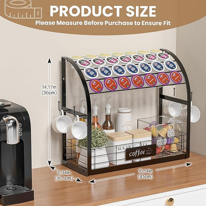 Metal K Cup Holder, 2 Tier Coffee Bar Organizer with 4 Coffee Mug Hooks, Multi-functional Countertop Coffee Station Tray Wooden K Cup Organizer - Black