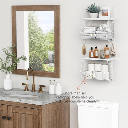 Wall Mount Bathroom Storage Basket, Fruit Produce and Vegetable Baskets for Kitchen Counter, Hanging Wire Storage Basket for Laundry Room Bedroom Closet Pantry Boys Girls Room (White)