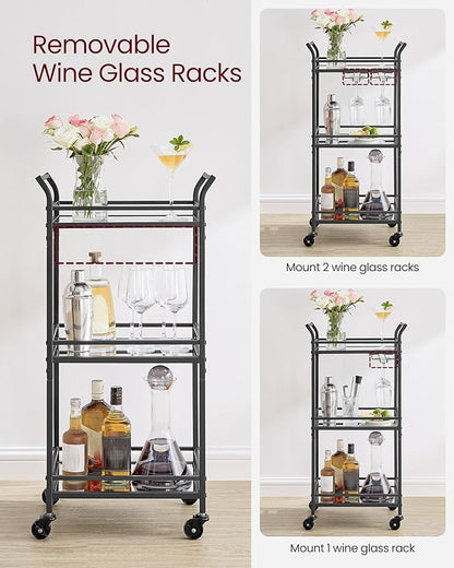 VASAGLE Bar Cart, Home Bar Serving Cart, Small Bar Serving Cart with 3-Tier Shelf, Wine Holders, Glass Holders, Mini Bar Cart for Small Spaces, Kitchen, Dining Room, Living Room, Ink Black
