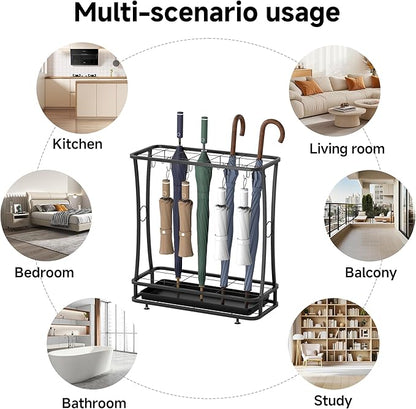 tonchean Metal Umbrella Holder Entryway with Removable Drip Tray,Umbrella Stand with 24 Hooks and 21-Slots,Umbrella Rack Storage for Indoor Outdoor Home Office Entryway(Black)