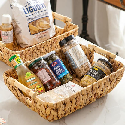 Woven Storage Baskets – Set of 2 Handwoven Water Hyacinth Wicker Baskets with Wooden Handles for Organizing, Decorative Baskets for Laundry Room, Home Decor - 2 Medium