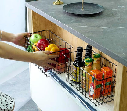 4 Pack【Extra Large】Hanging Kitchen Basket,Wire Storage Basket,with Traceless Tape and 3M High-Strength Plastic Hooks,no Drilling,for Cabinet Storage,Kitchen,Bathroom,Storage Room,large capacity