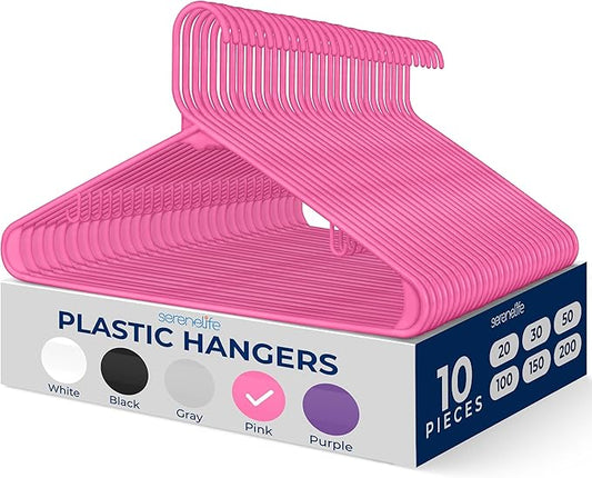 SereneLife Premium 10 Pack Plastic Hangers, Lightweight, Durable, Space Saving Clothes Organizers, Suitable for Shirts, Sweaters, Hoodies, Dresses, Kids Clothes, Good for Home Organization (Pink)