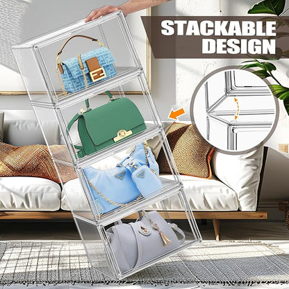EZJOB 4Pack X-Large Purse Organizer for Closet Clear Acrylic Display Case for Handbag Organizer, Purse Storage Box with Magnetic Door, Dustproof Storage Bins for Collectibles, Size 14