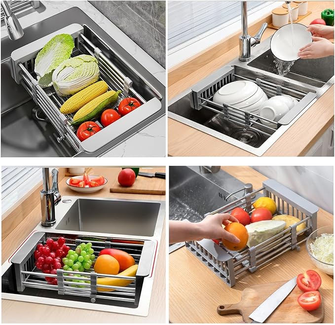 Large Dish Drying Rack for Kitchen Counter/Sink, Expandable Stainless Steel Sink Organization and Storage Essentials, Home and Appartment Decor, 8.86" W x 11.22"-18.5" L,Grey