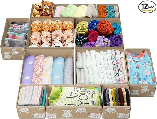 Drawer Organizer – 12 Pack Foldable Light Brown Fabric Storage Bins with White Bears | Baby Clothes, Diapers, Towels, Socks & Toys Organizer for Nursery, Dresser, Closet & Bedroom