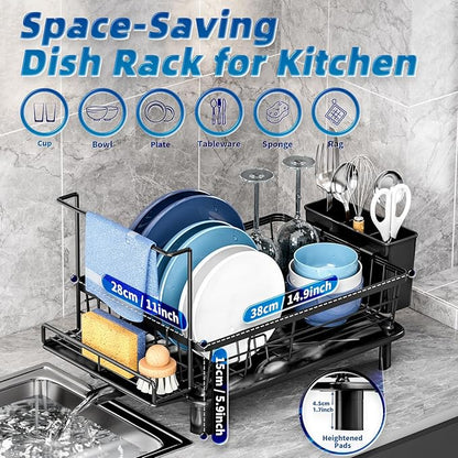 GAOKASE Dish Drying Rack, Compact Dish Racks for Kitchen Counter with Sponge Rack, Space-Saving Dish Drainer Drying Rack with Drainboard, Utensil Holder and and Automatic Drainage Drainboard, Black