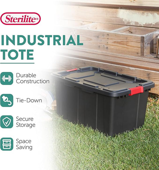Sterilite 8-Pack Industrial Tote, Plastic Storage Bins with Lids, 27 Gallon, Black - Heavy-Duty Organizing Containers for Closet, Bathroom, and Office