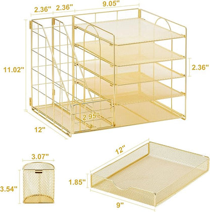 Marbrasse Rose Gold Desk Organizer with File Holder, 5-Tier Paper Letter Tray Organizer with Drawer and 2 Pen Holder, Mesh Desktop Organizer and Storage with Magazine Holder for Office Supplies