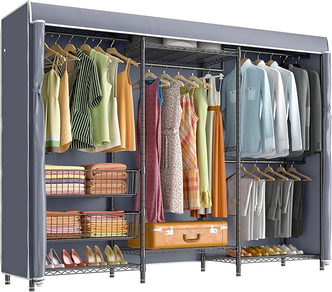 VIPEK V10C Portable Closets Heavy Duty Clothes Rack with Slid Basket, Wardrobe Closet, Black Clothing Rack with Grey Oxford Fabric Cover, Adjustable Closet Storage Rack 70.1" Lx17.3 Wx76.4 H