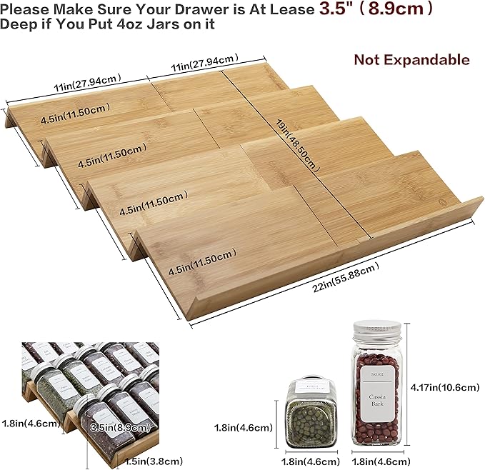 Angimio Bamboo Spice Rack Drawer Organizer - 8 Pieces Set- 11" Wide Per Piece - Combine Pieces Into 22" Wide Rack (11" or 22")