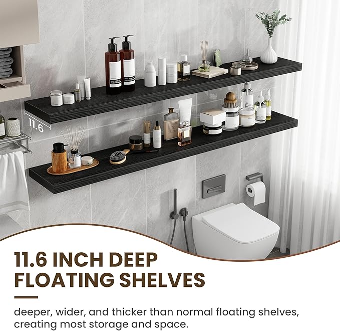 72 inch Floating Shelves for Wall, 12 Inch Deep Floating Shelf, Hanging Shelf with Invisible Brackets, Rustic Wooden Wall Shelves for Bathroom, Bedroom, Living Room,Farmhouse Set of 1,Black
