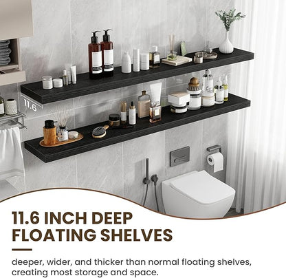 72 inch Floating Shelves for Wall, 12 Inch Deep Floating Shelf, Hanging Shelf with Invisible Brackets, Rustic Wooden Wall Shelves for Bathroom, Bedroom, Living Room,Farmhouse Set of 1,Black