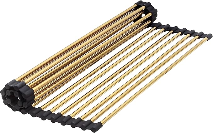 VONIKI Gold Over Sink Dish Drying Rack, 17.7"x 11"Roll Up Dish Drying Rack, Silicone Wrapped Kitchen Rolling Dish Drainer, Anti-Slip Foldable Sink Rack Mat, Multipurpose Dish Racks For Kitchen Counter